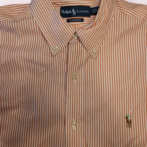 Ralph Lauren Shirt Men 16.5 34/35 Orange Striped Button Up Classic Fit Poplin - Picture 7 of 12